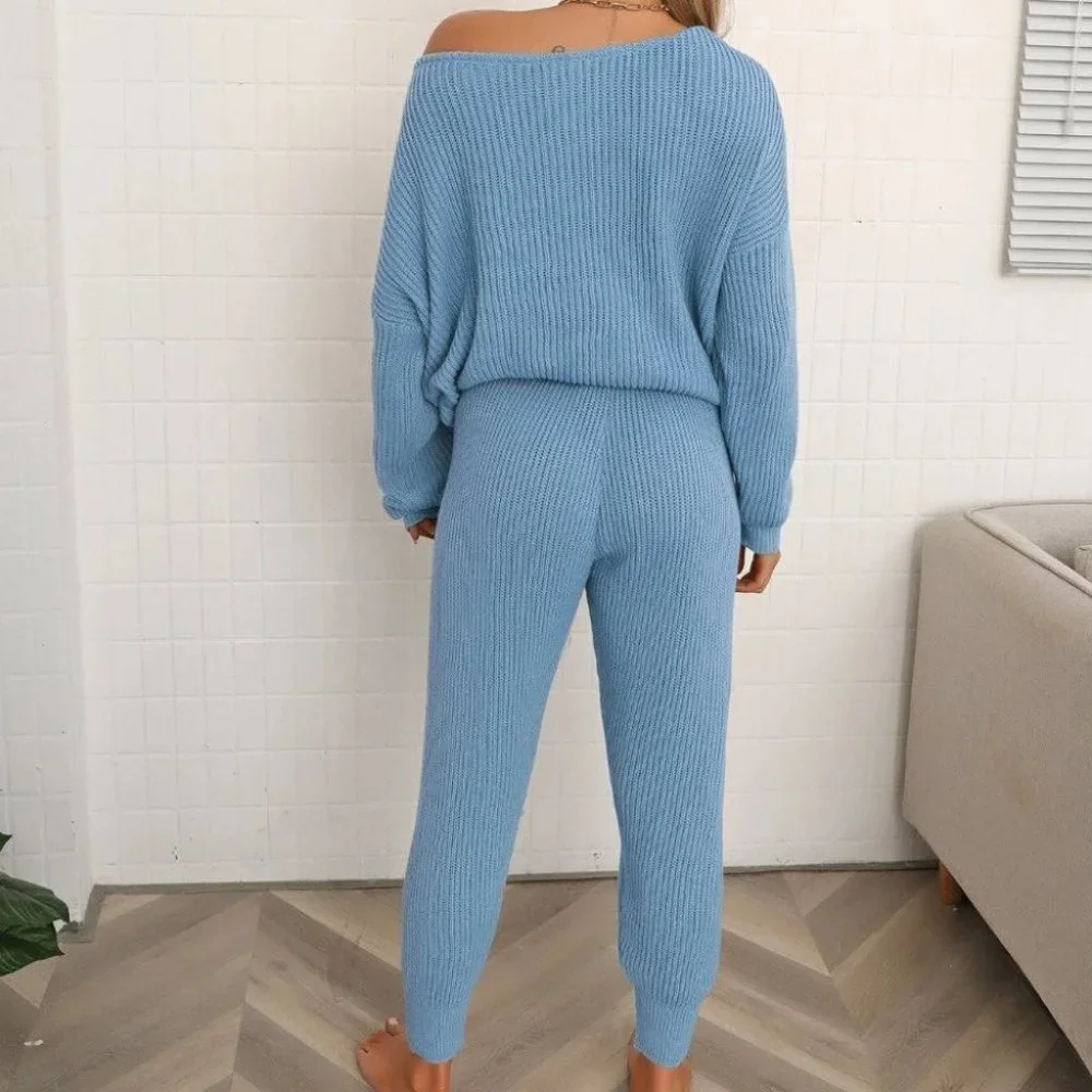 batwing sleeve sweater and knit pant set blue - Picture 4 of 6